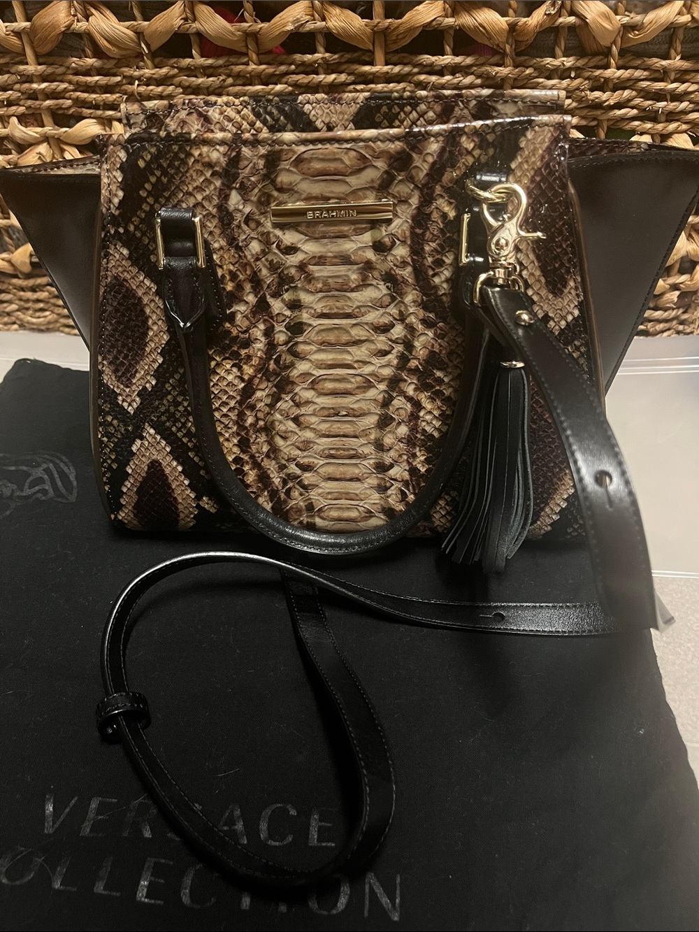Brahmin Black and Brown Snake-Print Leather Satchel with Tassel